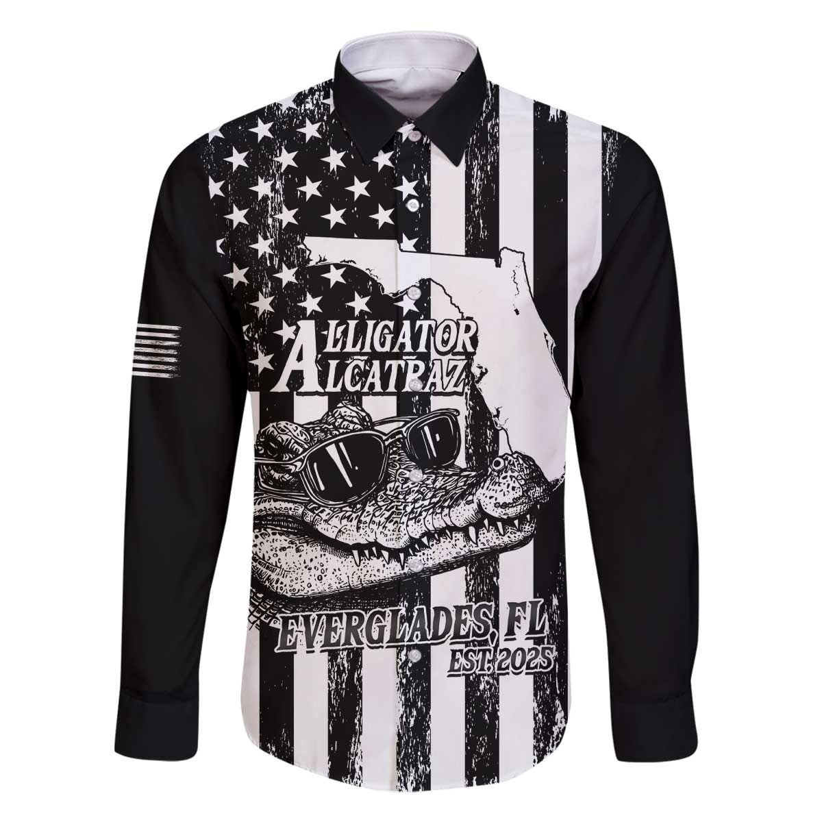 Alligator Alcatraz Family Matching Off The Shoulder Long Sleeve Dress and Hawaiian Shirt Cool Gator Everglades USA Grunge Flag - Wonder Print Shop