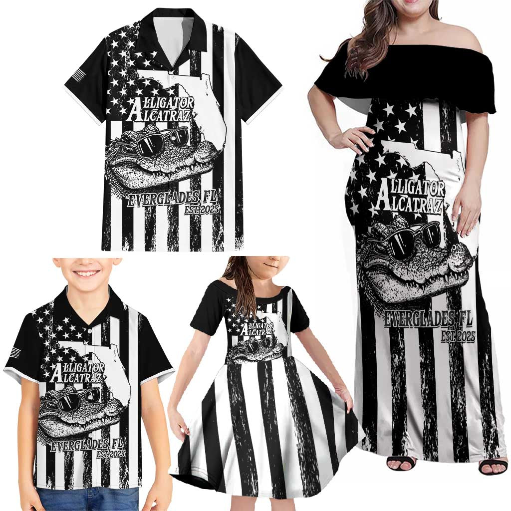 Alligator Alcatraz Family Matching Off Shoulder Maxi Dress and Hawaiian Shirt Cool Gator Everglades USA Grunge Flag - Wonder Print Shop