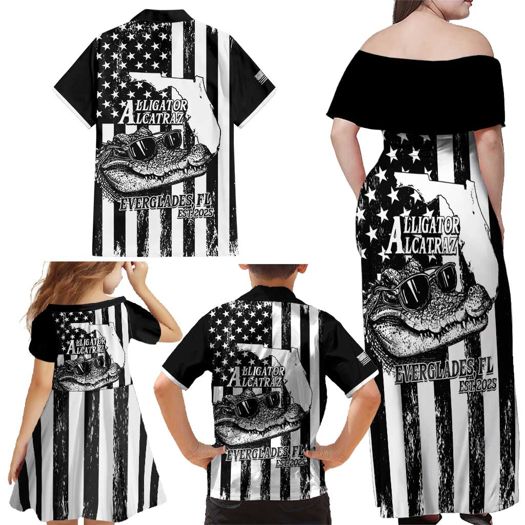 Alligator Alcatraz Family Matching Off Shoulder Maxi Dress and Hawaiian Shirt Cool Gator Everglades USA Grunge Flag - Wonder Print Shop