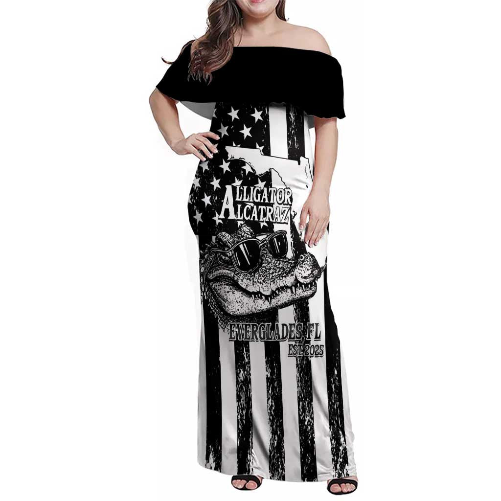 Alligator Alcatraz Family Matching Off Shoulder Maxi Dress and Hawaiian Shirt Cool Gator Everglades USA Grunge Flag - Wonder Print Shop