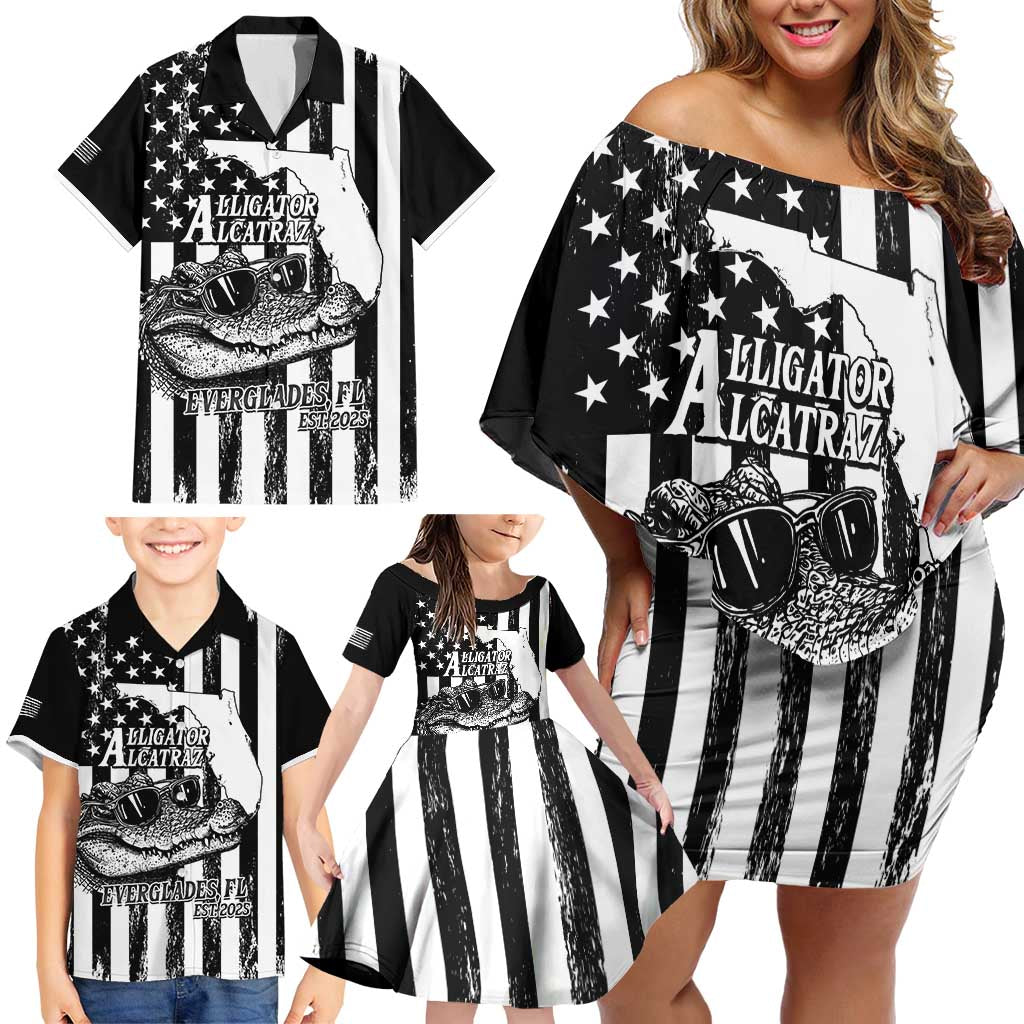 Alligator Alcatraz Family Matching Off Shoulder Short Dress and Hawaiian Shirt Cool Gator Everglades USA Grunge Flag - Wonder Print Shop