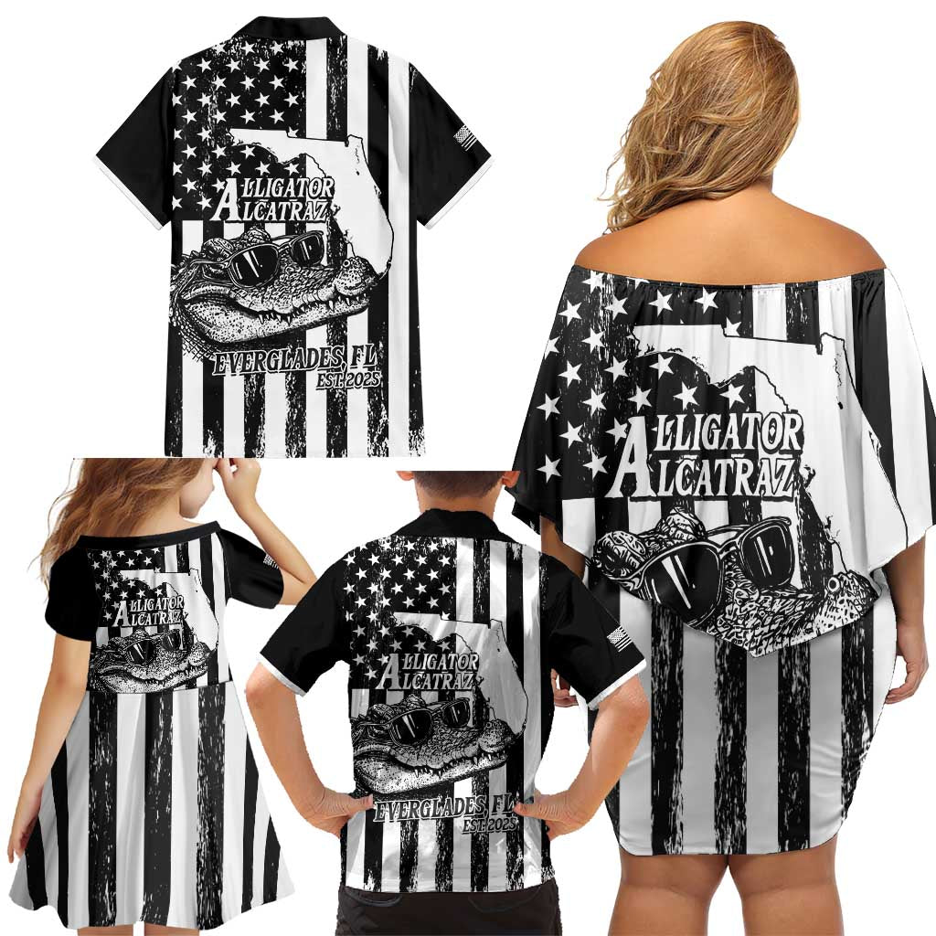 Alligator Alcatraz Family Matching Off Shoulder Short Dress and Hawaiian Shirt Cool Gator Everglades USA Grunge Flag - Wonder Print Shop