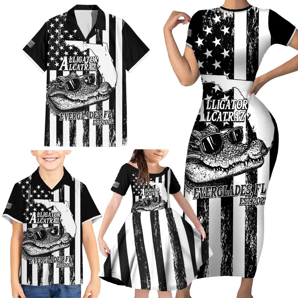 Alligator Alcatraz Family Matching Short Sleeve Bodycon Dress and Hawaiian Shirt Cool Gator Everglades USA Grunge Flag - Wonder Print Shop