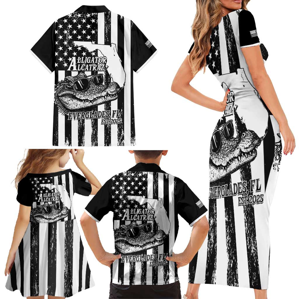 Alligator Alcatraz Family Matching Short Sleeve Bodycon Dress and Hawaiian Shirt Cool Gator Everglades USA Grunge Flag - Wonder Print Shop