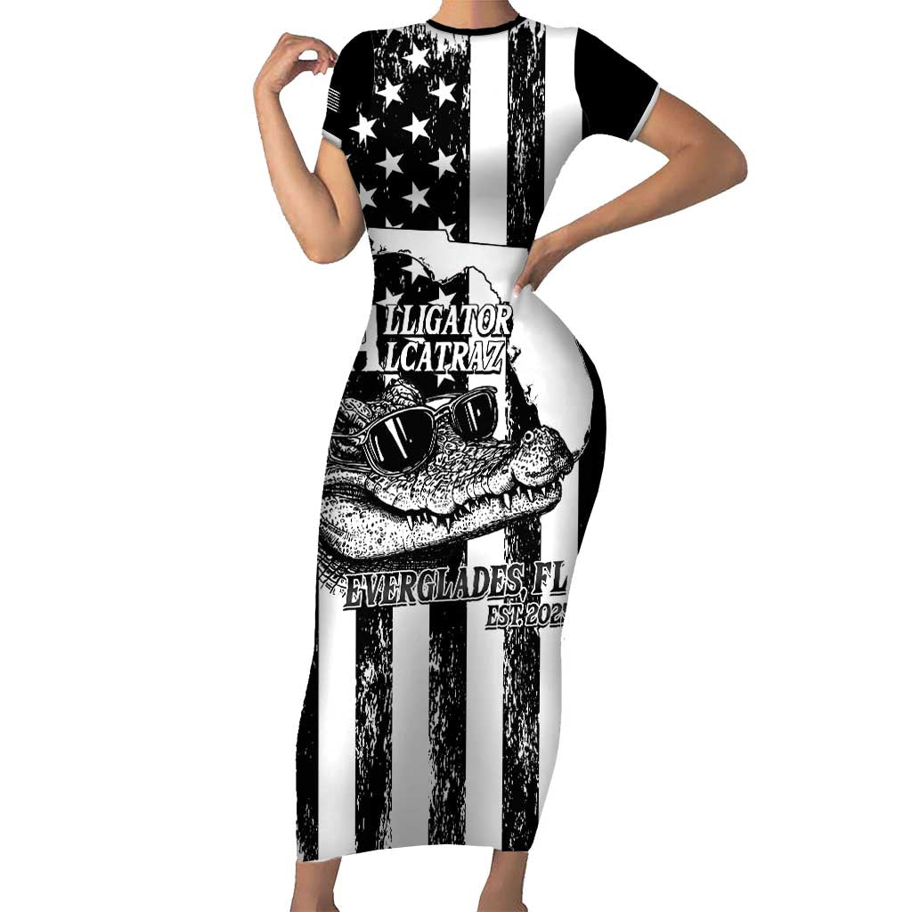 Alligator Alcatraz Family Matching Short Sleeve Bodycon Dress and Hawaiian Shirt Cool Gator Everglades USA Grunge Flag - Wonder Print Shop
