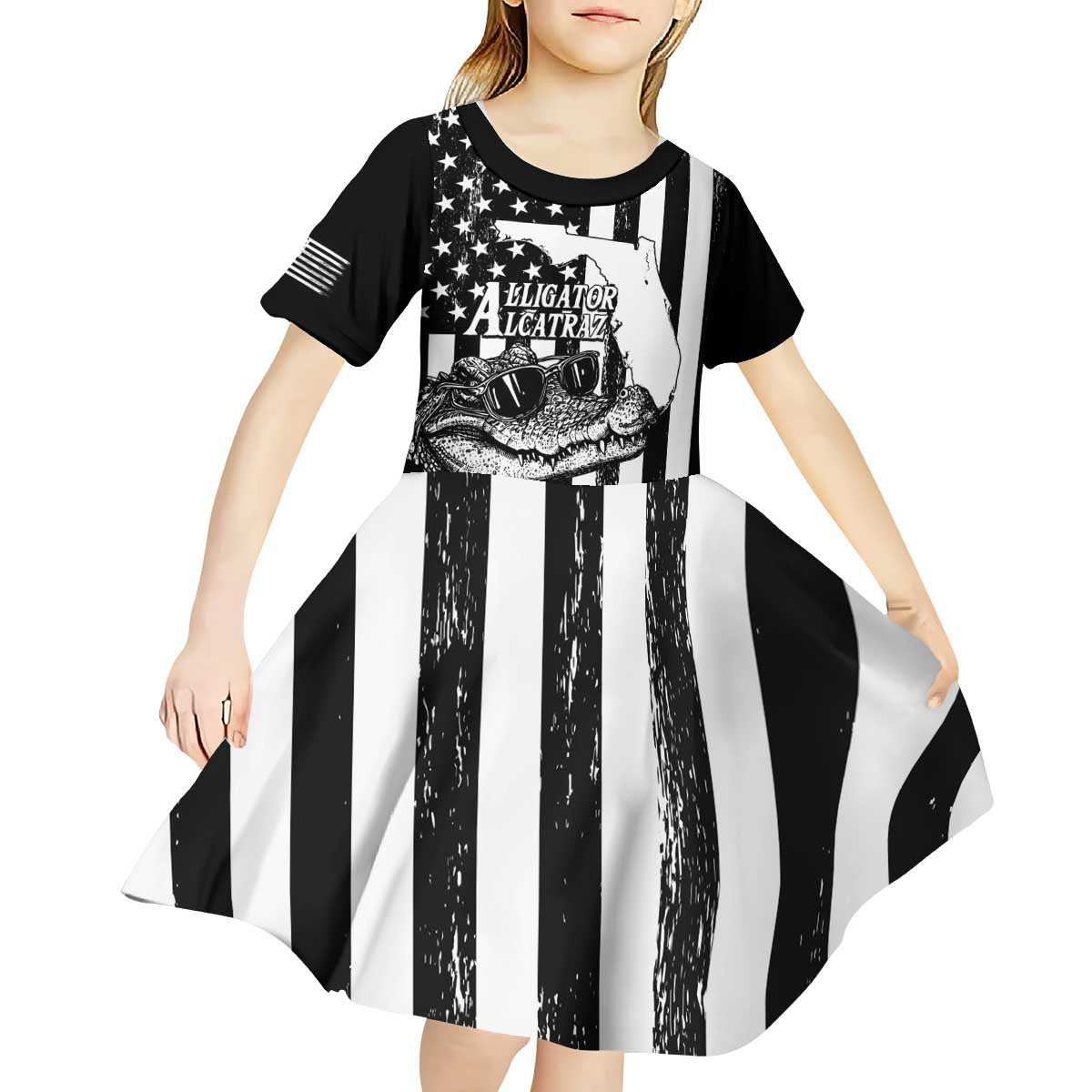 Alligator Alcatraz Kid Short Sleeve Dress Cool Gator Everglades USA Grunge Flag - Wonder Print Shop
