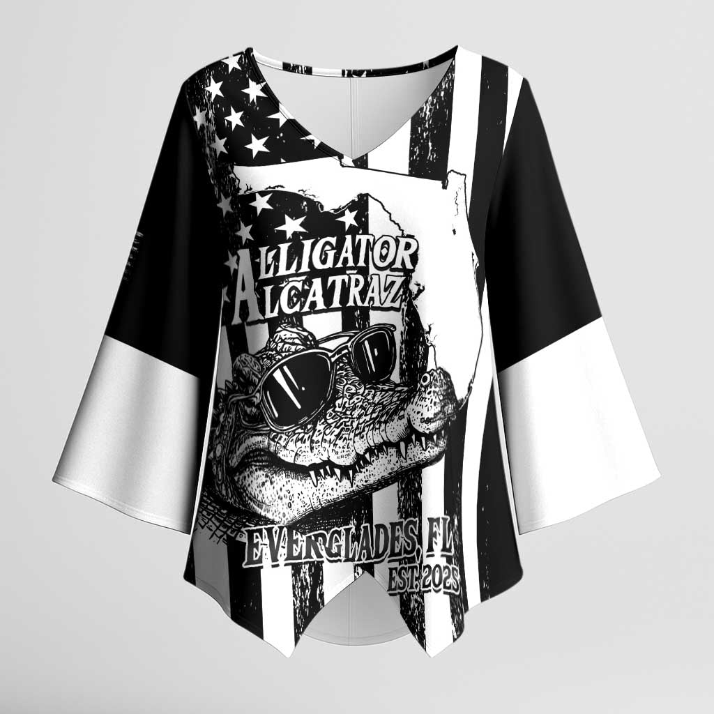 Alligator Alcatraz Kimono Sleeve Blouse Cool Gator Everglades USA Grunge Flag - Wonder Print Shop