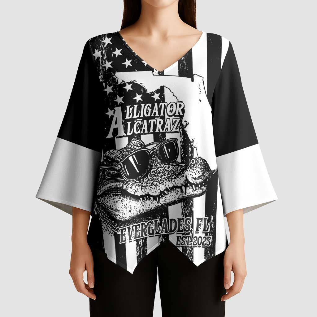 Alligator Alcatraz Kimono Sleeve Blouse Cool Gator Everglades USA Grunge Flag - Wonder Print Shop