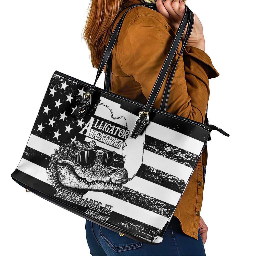 Alligator Alcatraz Leather Tote Bag Cool Gator Everglades USA Grunge Flag - Wonder Print Shop