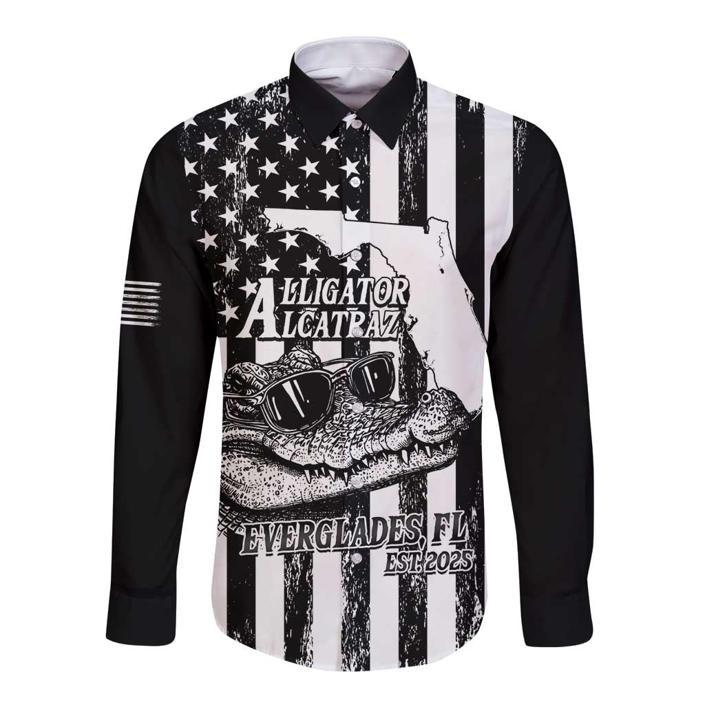 Alligator Alcatraz Long Sleeve Button Shirt Cool Gator Everglades USA Grunge Flag - Wonder Print Shop