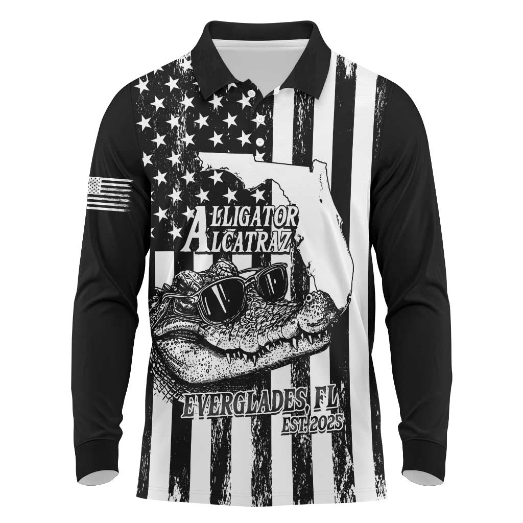 Alligator Alcatraz Long Sleeve Polo Shirt Cool Gator Everglades USA Grunge Flag - Wonder Print Shop