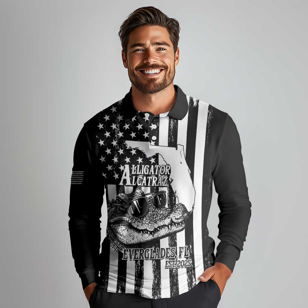 Alligator Alcatraz Long Sleeve Polo Shirt Cool Gator Everglades USA Grunge Flag - Wonder Print Shop