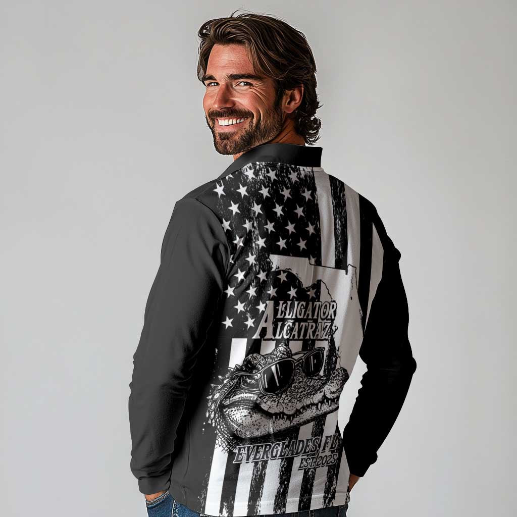 Alligator Alcatraz Long Sleeve Polo Shirt Cool Gator Everglades USA Grunge Flag - Wonder Print Shop
