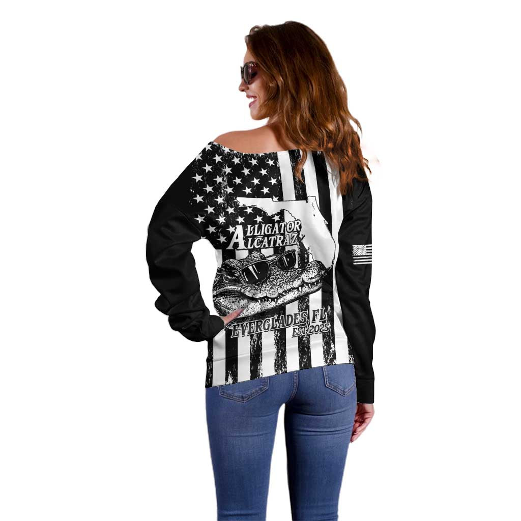 Alligator Alcatraz Off Shoulder Sweater Cool Gator Everglades USA Grunge Flag - Wonder Print Shop
