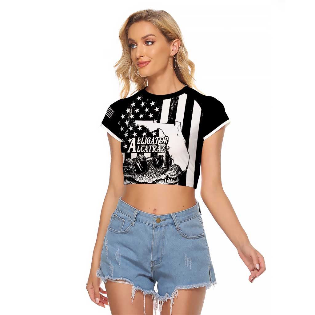 Alligator Alcatraz Raglan Cropped T Shirt Cool Gator Everglades USA Grunge Flag - Wonder Print Shop