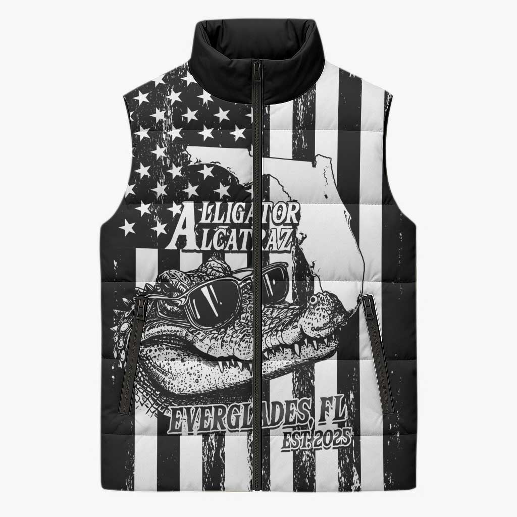 Alligator Alcatraz Sleeveless Puffer Jacket Cool Gator Everglades USA Grunge Flag - Wonder Print Shop