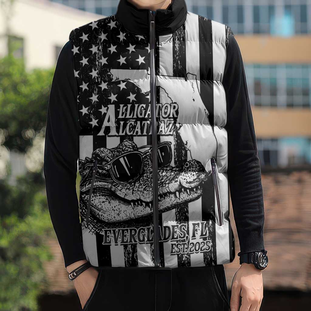 Alligator Alcatraz Sleeveless Puffer Jacket Cool Gator Everglades USA Grunge Flag - Wonder Print Shop