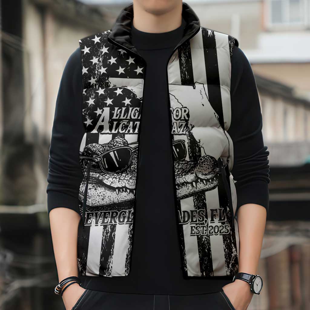Alligator Alcatraz Sleeveless Puffer Jacket Cool Gator Everglades USA Grunge Flag - Wonder Print Shop