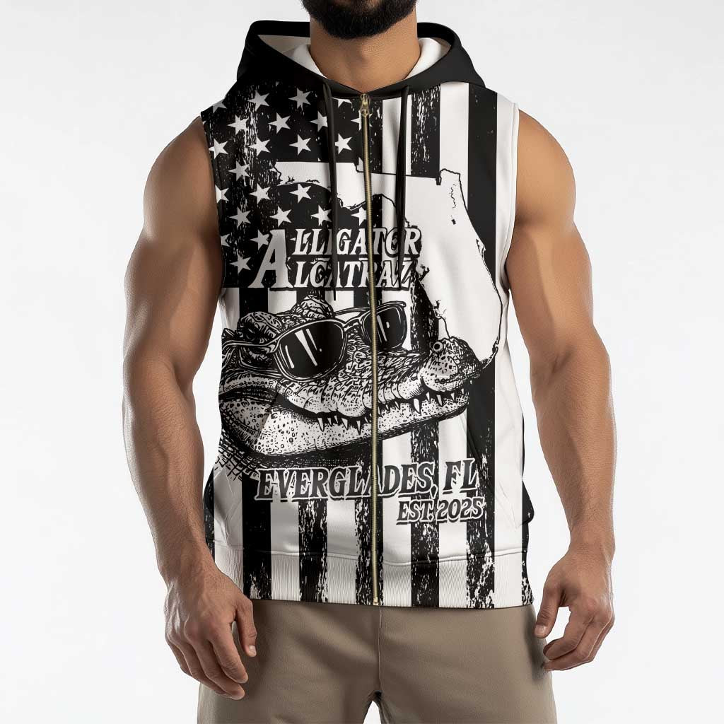 Alligator Alcatraz Sleeveless Zip Hoodie Cool Gator Everglades USA Grunge Flag - Wonder Print Shop