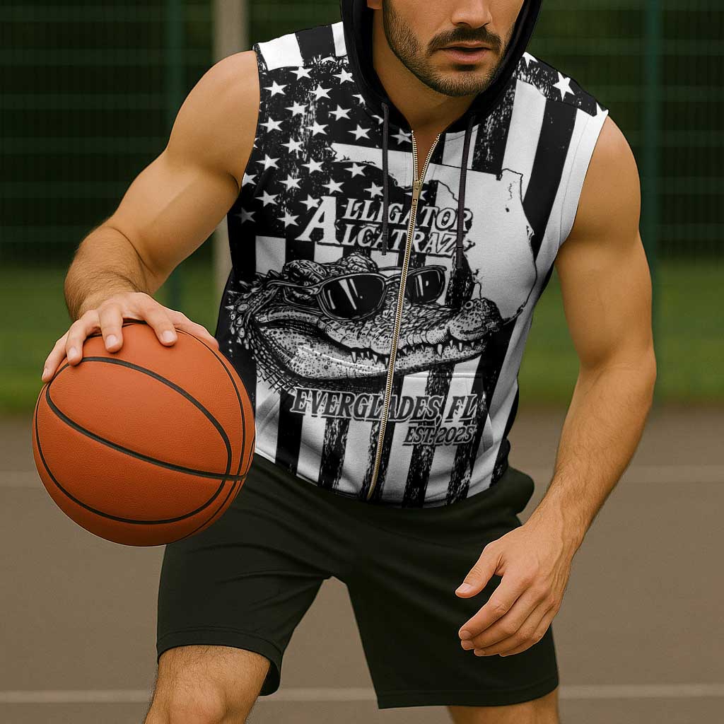 Alligator Alcatraz Sleeveless Zip Hoodie Cool Gator Everglades USA Grunge Flag - Wonder Print Shop