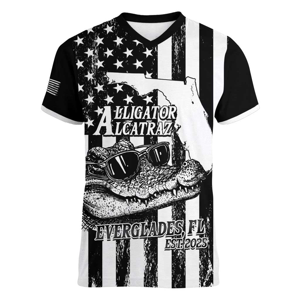 Alligator Alcatraz Women V-Neck T-Shirt Cool Gator Everglades USA Grunge Flag - Wonder Print Shop
