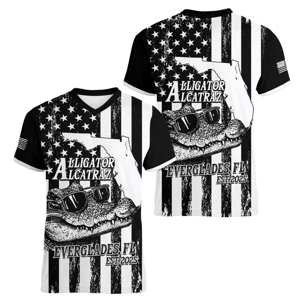 Alligator Alcatraz Women V-Neck T-Shirt Cool Gator Everglades USA Grunge Flag - Wonder Print Shop