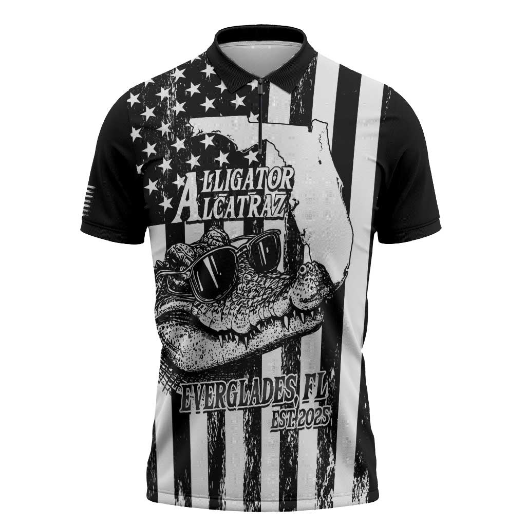 Alligator Alcatraz Zipper Polo Shirt Cool Gator Everglades USA Grunge Flag - Wonder Print Shop