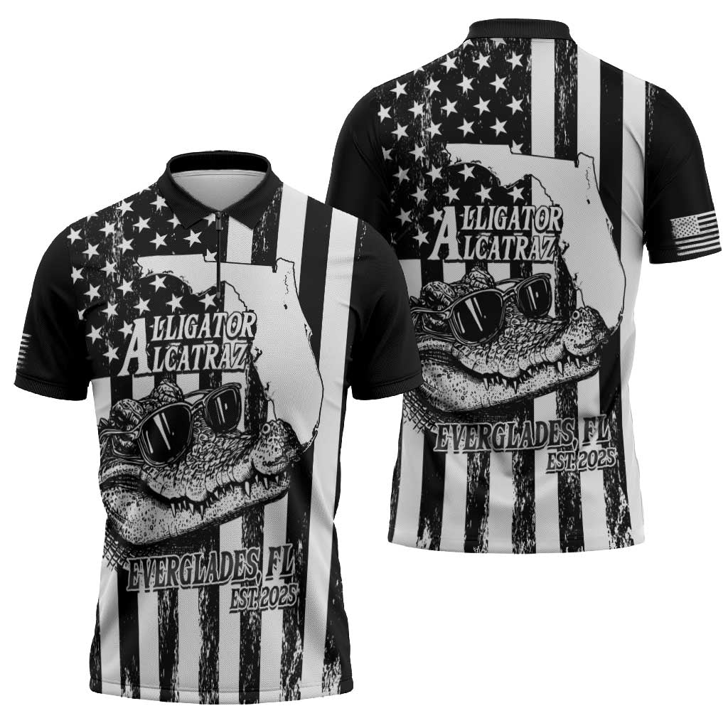 Alligator Alcatraz Zipper Polo Shirt Cool Gator Everglades USA Grunge Flag - Wonder Print Shop
