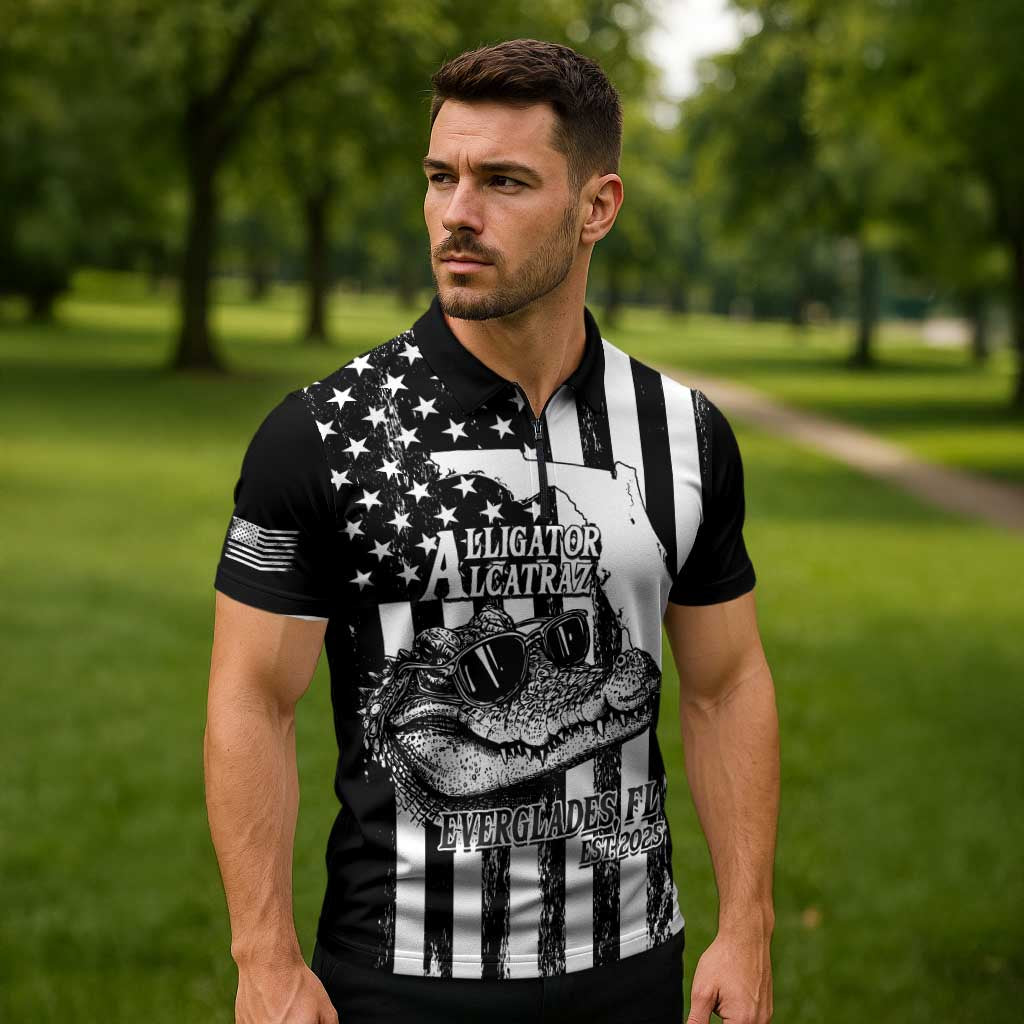 Alligator Alcatraz Zipper Polo Shirt Cool Gator Everglades USA Grunge Flag - Wonder Print Shop