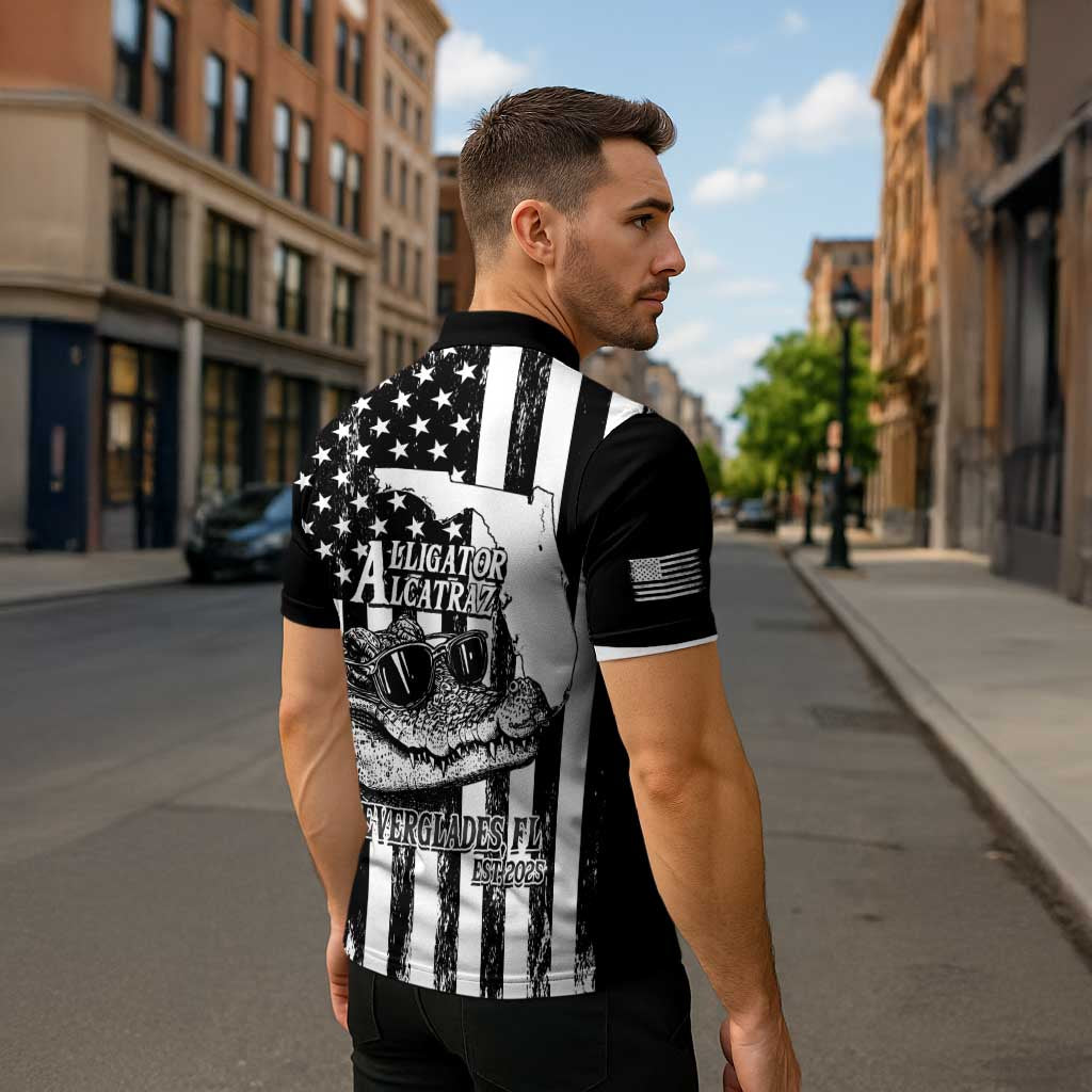 Alligator Alcatraz Zipper Polo Shirt Cool Gator Everglades USA Grunge Flag - Wonder Print Shop