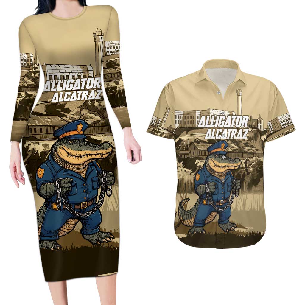 Alligator Alcatraz Couples Matching Long Sleeve Bodycon Dress and Hawaiian Shirt Police Gator Rock Penitentiary - Wonder Print Shop