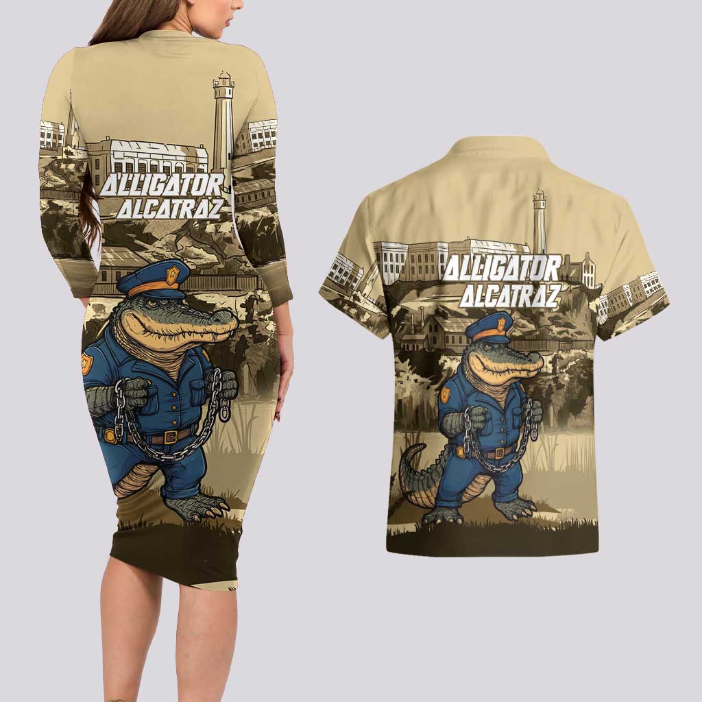 Alligator Alcatraz Couples Matching Long Sleeve Bodycon Dress and Hawaiian Shirt Police Gator Rock Penitentiary - Wonder Print Shop