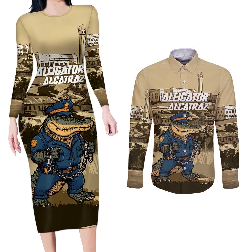 Alligator Alcatraz Couples Matching Long Sleeve Bodycon Dress and Long Sleeve Button Shirt Police Gator Rock Penitentiary - Wonder Print Shop