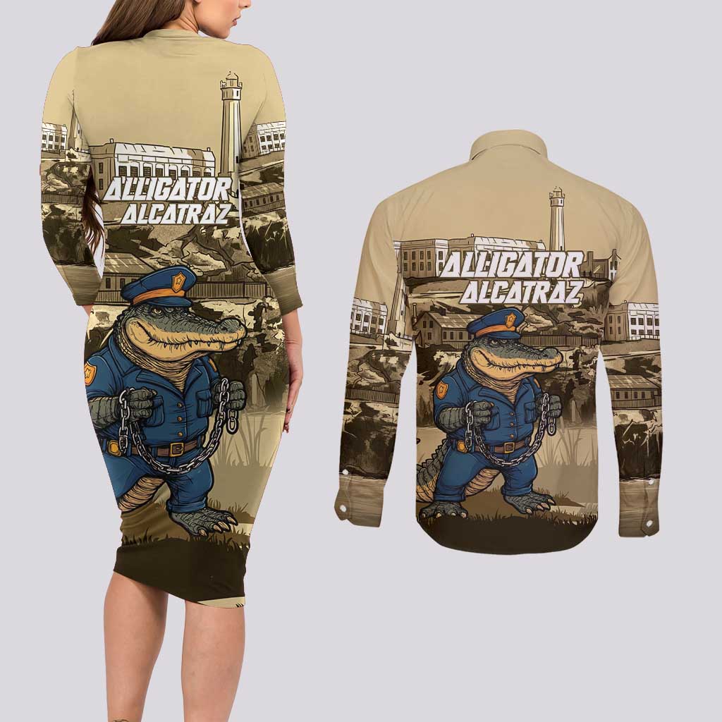 Alligator Alcatraz Couples Matching Long Sleeve Bodycon Dress and Long Sleeve Button Shirt Police Gator Rock Penitentiary - Wonder Print Shop