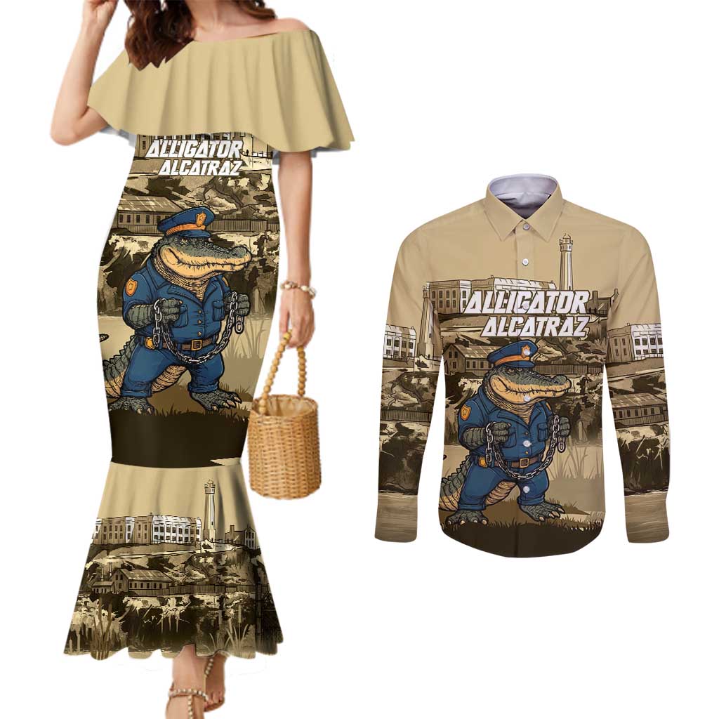 Alligator Alcatraz Couples Matching Mermaid Dress and Long Sleeve Button Shirt Police Gator Rock Penitentiary - Wonder Print Shop