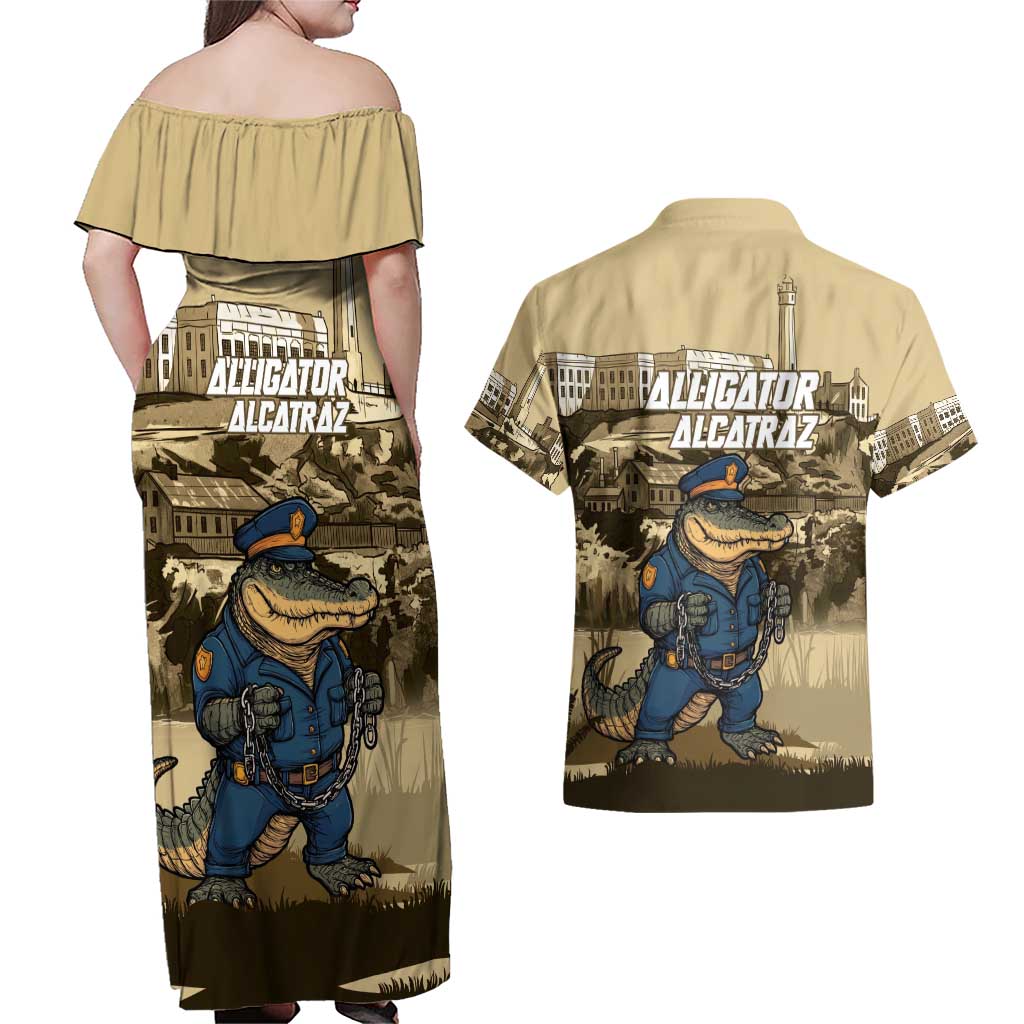 Alligator Alcatraz Couples Matching Off Shoulder Maxi Dress and Hawaiian Shirt Police Gator Rock Penitentiary - Wonder Print Shop