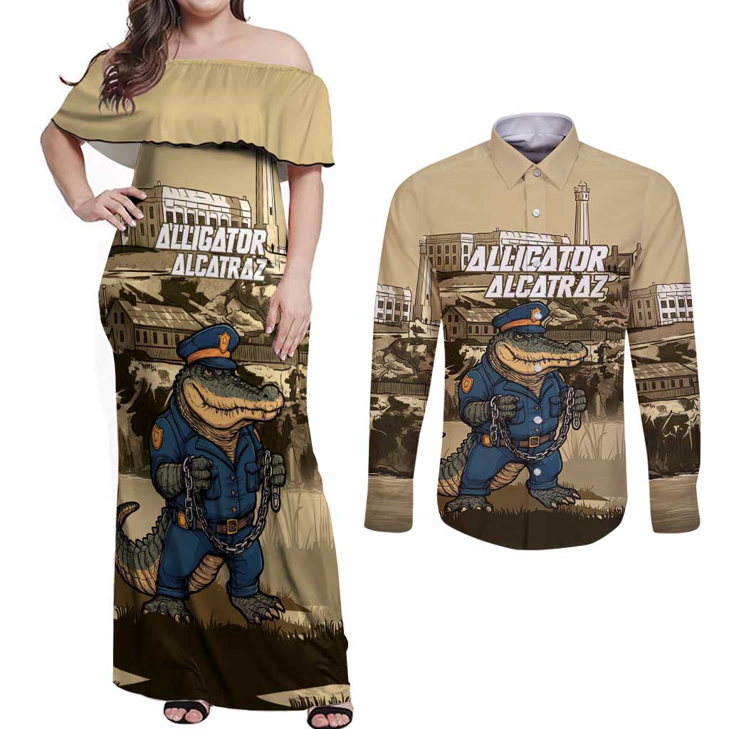 Alligator Alcatraz Couples Matching Off Shoulder Maxi Dress and Long Sleeve Button Shirt Police Gator Rock Penitentiary - Wonder Print Shop