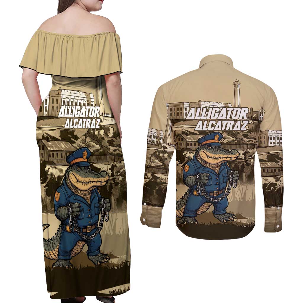 Alligator Alcatraz Couples Matching Off Shoulder Maxi Dress and Long Sleeve Button Shirt Police Gator Rock Penitentiary - Wonder Print Shop