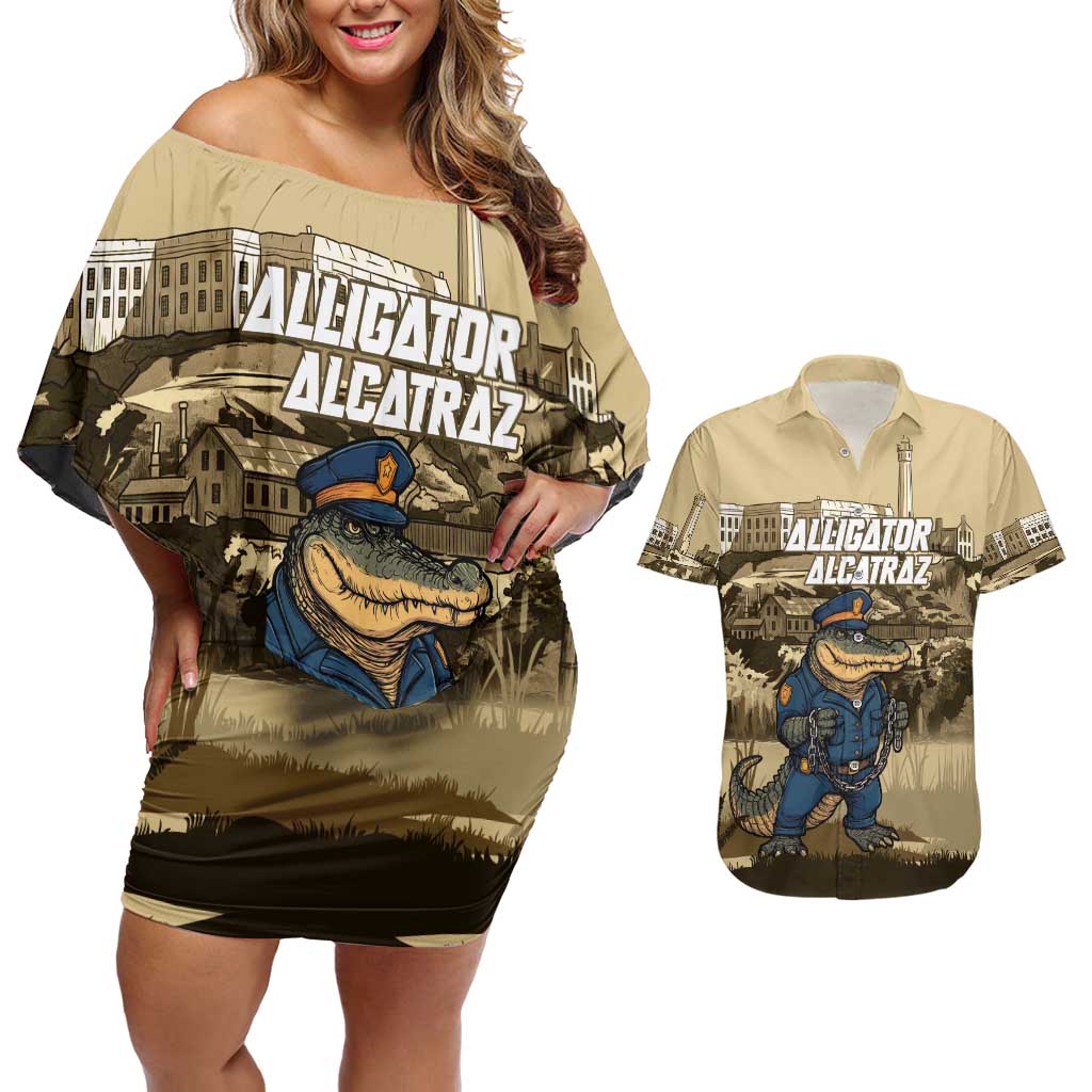 Alligator Alcatraz Couples Matching Off Shoulder Short Dress and Hawaiian Shirt Police Gator Rock Penitentiary - Wonder Print Shop