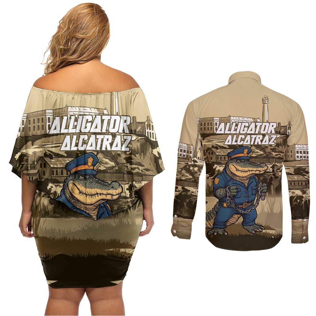 Alligator Alcatraz Couples Matching Off Shoulder Short Dress and Long Sleeve Button Shirt Police Gator Rock Penitentiary - Wonder Print Shop
