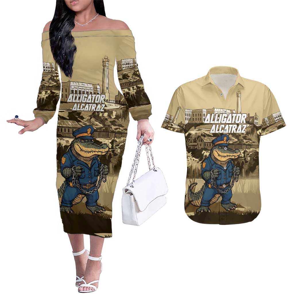 Alligator Alcatraz Couples Matching Off The Shoulder Long Sleeve Dress and Hawaiian Shirt Police Gator Rock Penitentiary - Wonder Print Shop