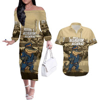 Alligator Alcatraz Couples Matching Off The Shoulder Long Sleeve Dress and Hawaiian Shirt Police Gator Rock Penitentiary - Wonder Print Shop