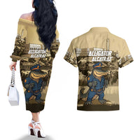 Alligator Alcatraz Couples Matching Off The Shoulder Long Sleeve Dress and Hawaiian Shirt Police Gator Rock Penitentiary - Wonder Print Shop