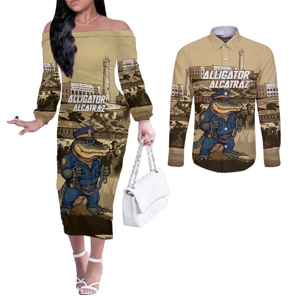 Alligator Alcatraz Couples Matching Off The Shoulder Long Sleeve Dress and Long Sleeve Button Shirt Police Gator Rock Penitentiary - Wonder Print Shop