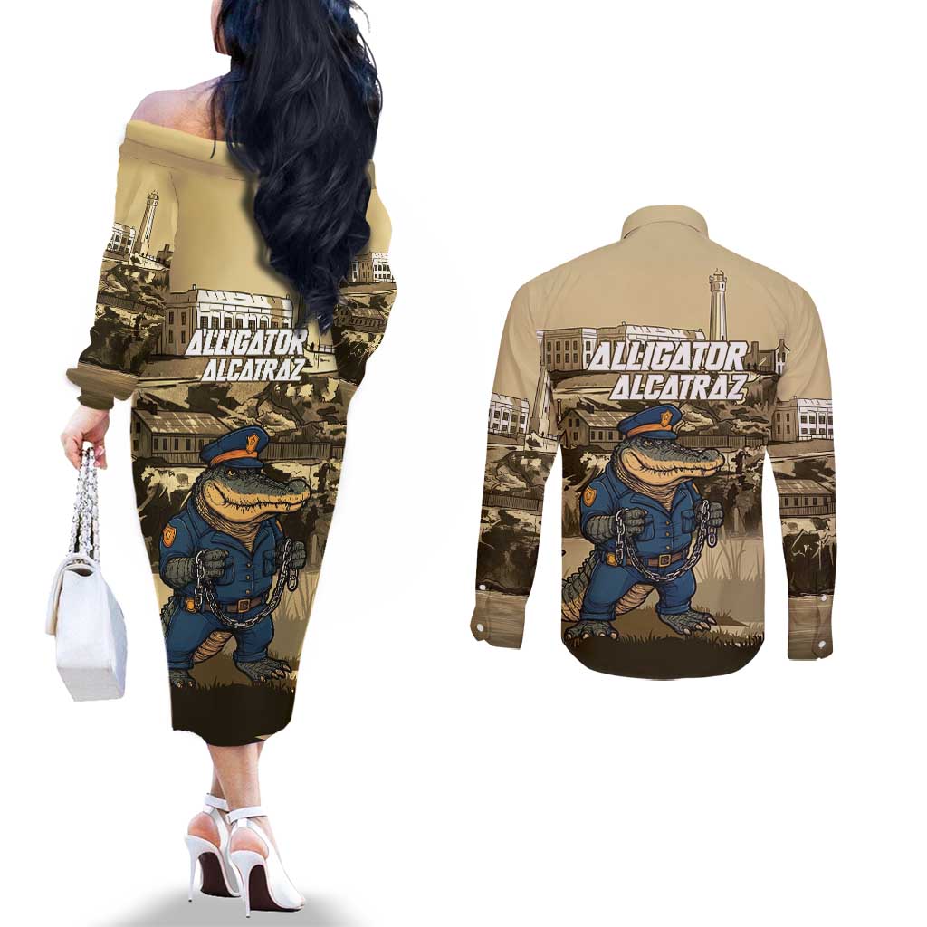 Alligator Alcatraz Couples Matching Off The Shoulder Long Sleeve Dress and Long Sleeve Button Shirt Police Gator Rock Penitentiary - Wonder Print Shop