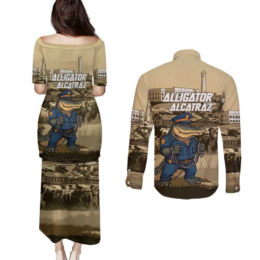 Alligator Alcatraz Couples Matching Puletasi and Long Sleeve Button Shirt Police Gator Rock Penitentiary - Wonder Print Shop