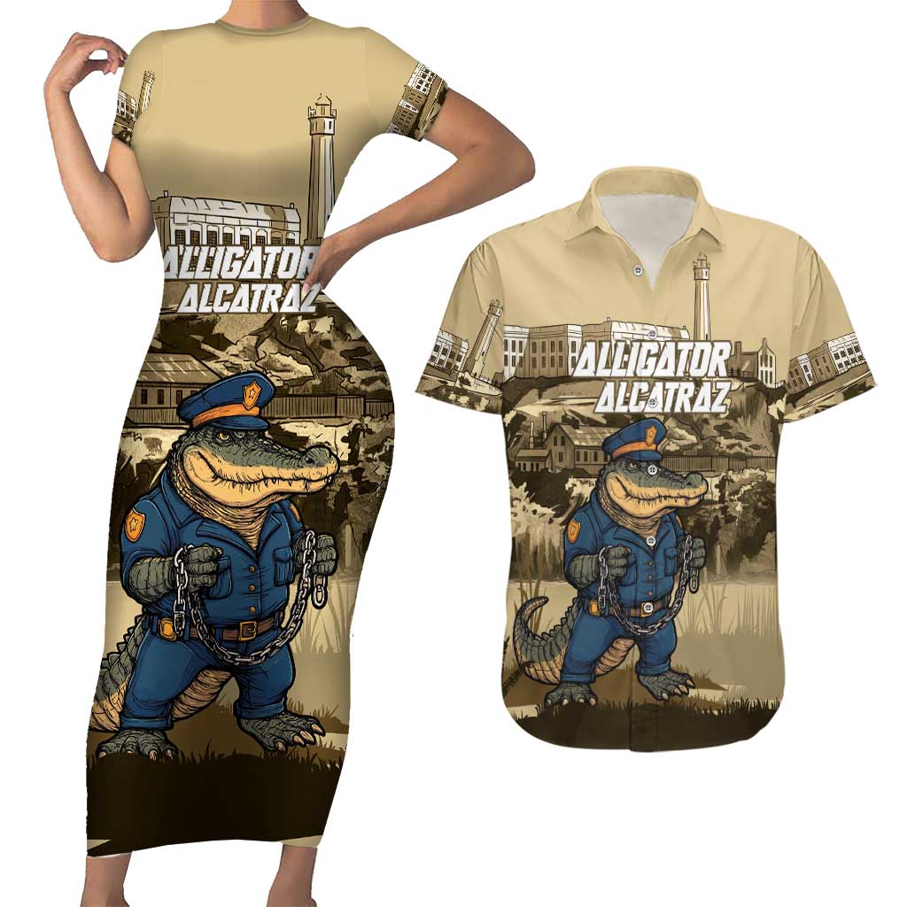 Alligator Alcatraz Couples Matching Short Sleeve Bodycon Dress and Hawaiian Shirt Police Gator Rock Penitentiary - Wonder Print Shop