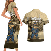 Alligator Alcatraz Couples Matching Short Sleeve Bodycon Dress and Hawaiian Shirt Police Gator Rock Penitentiary - Wonder Print Shop