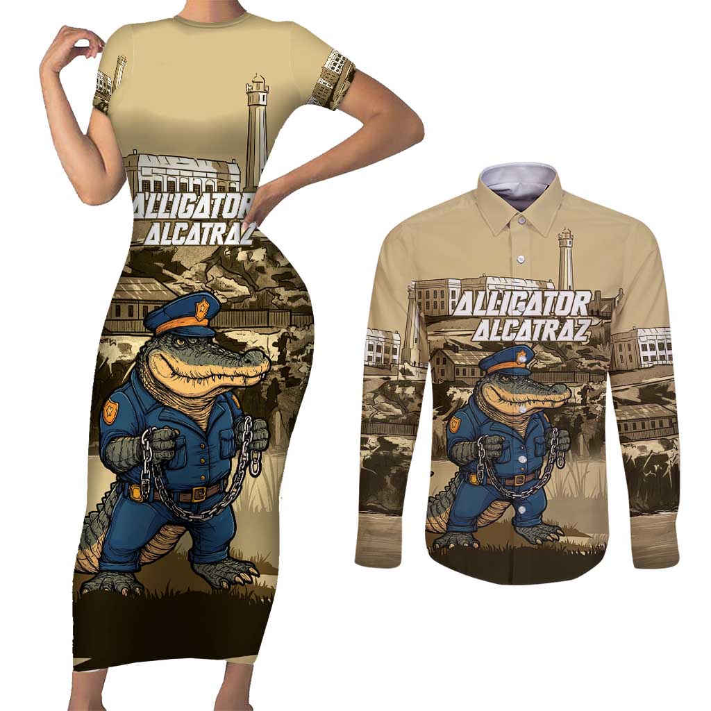 Alligator Alcatraz Couples Matching Short Sleeve Bodycon Dress and Long Sleeve Button Shirt Police Gator Rock Penitentiary - Wonder Print Shop