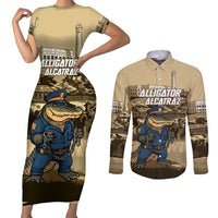 Alligator Alcatraz Couples Matching Short Sleeve Bodycon Dress and Long Sleeve Button Shirt Police Gator Rock Penitentiary - Wonder Print Shop